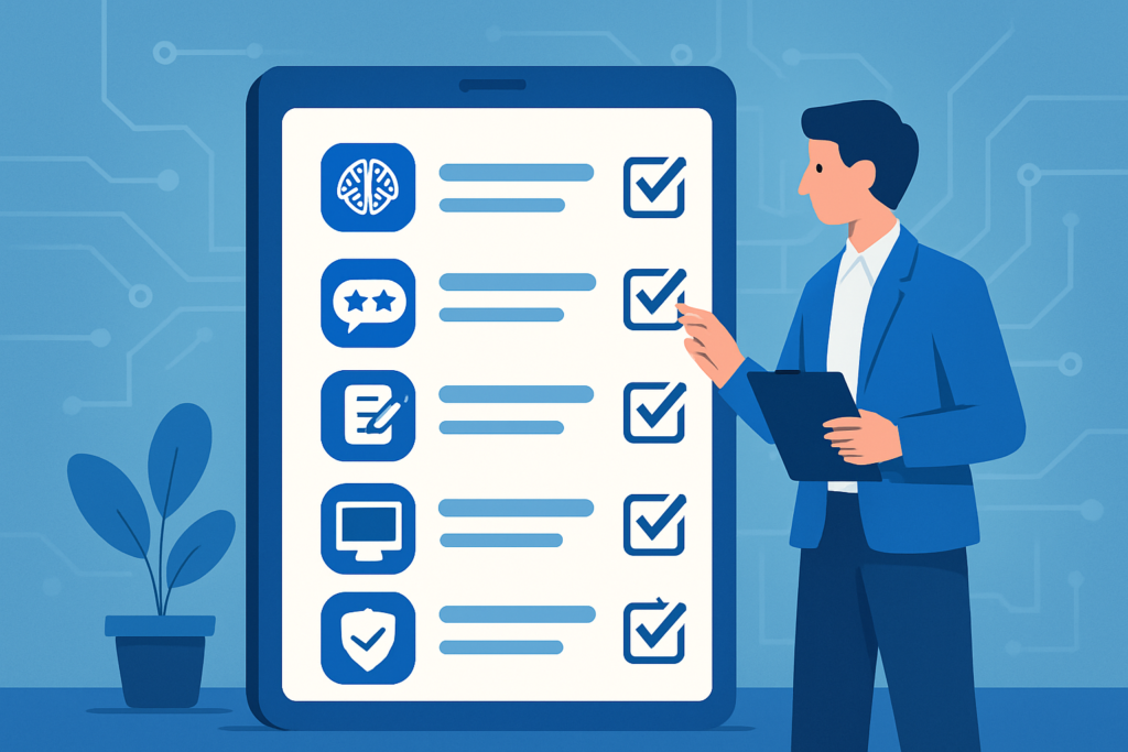 Ilustración de un especialista digital marcando un checklist con iconos de inteligencia artificial, reputación, contenido, experiencia de usuario y confianza de marca, representando la adaptación al nuevo SEO con IA.